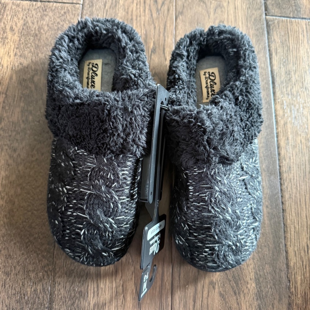 Dluxe by Dearfoams Womens Cable Knit Clog Slippers Black White Size M 7-8 NEW